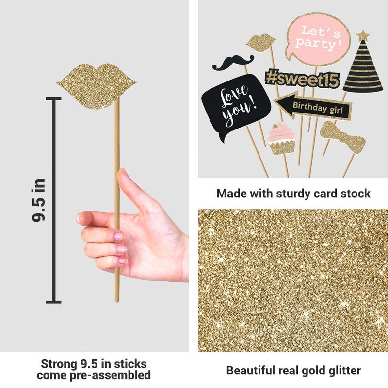 Perfect Occasion Fully Assembled 15 Birthday Quinceanera Photo Booth Props - Set of 30 - Pink & Gold Quince Selfie Signs - Cute 15th Party Supplies & Decorations with Real Glitter - Did We Mention No DIY - Image 3